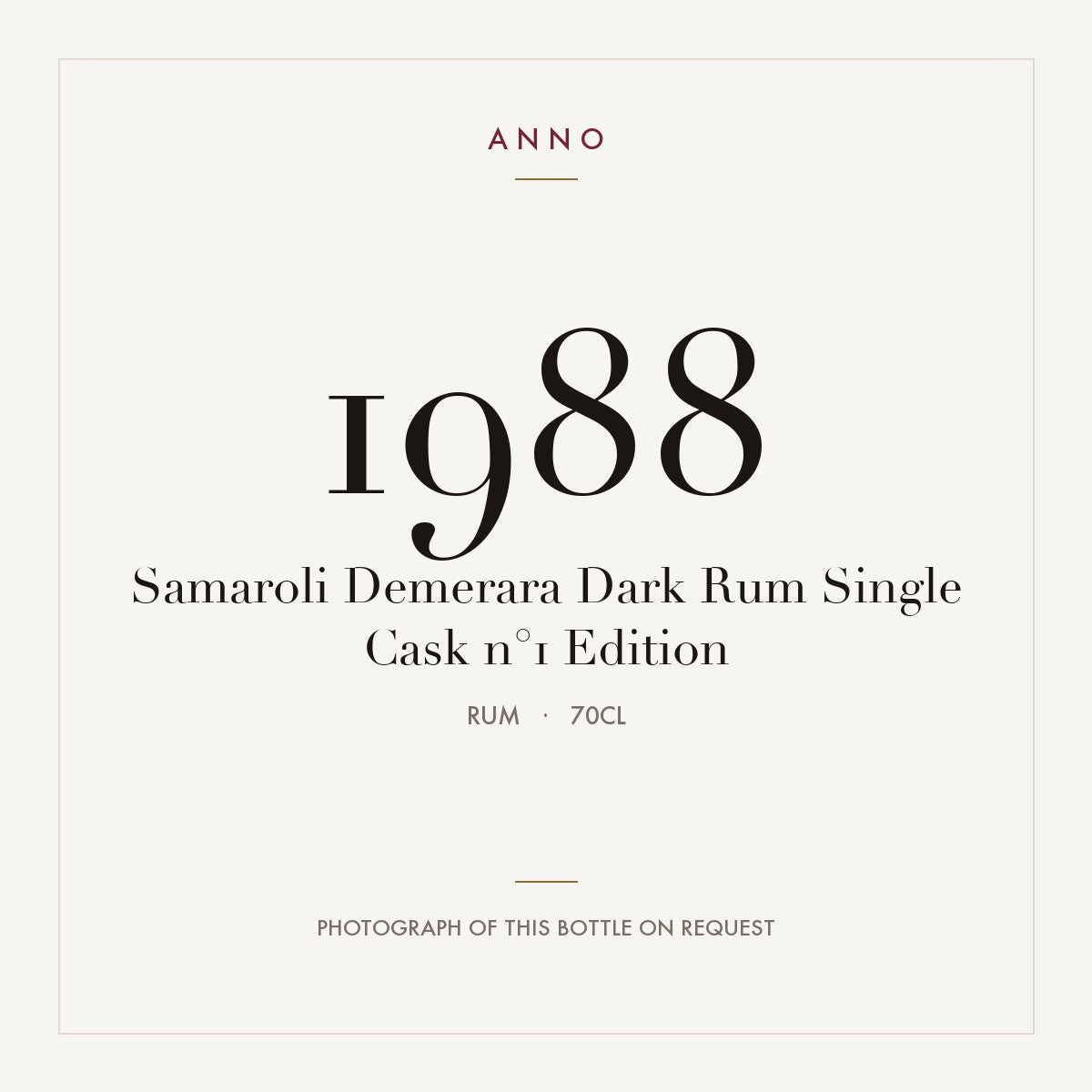 Samaroli Demerara Dark Rum Single Cask n°1 Edition 2021 1988 0,7l from Rum — ANNO vintage card; photograph of the actual bottle available on request