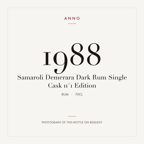 Samaroli Demerara Dark Rum Single Cask n°1 Edition 2021 1988 0,7l from Rum — ANNO vintage card; photograph of the actual bottle available on request