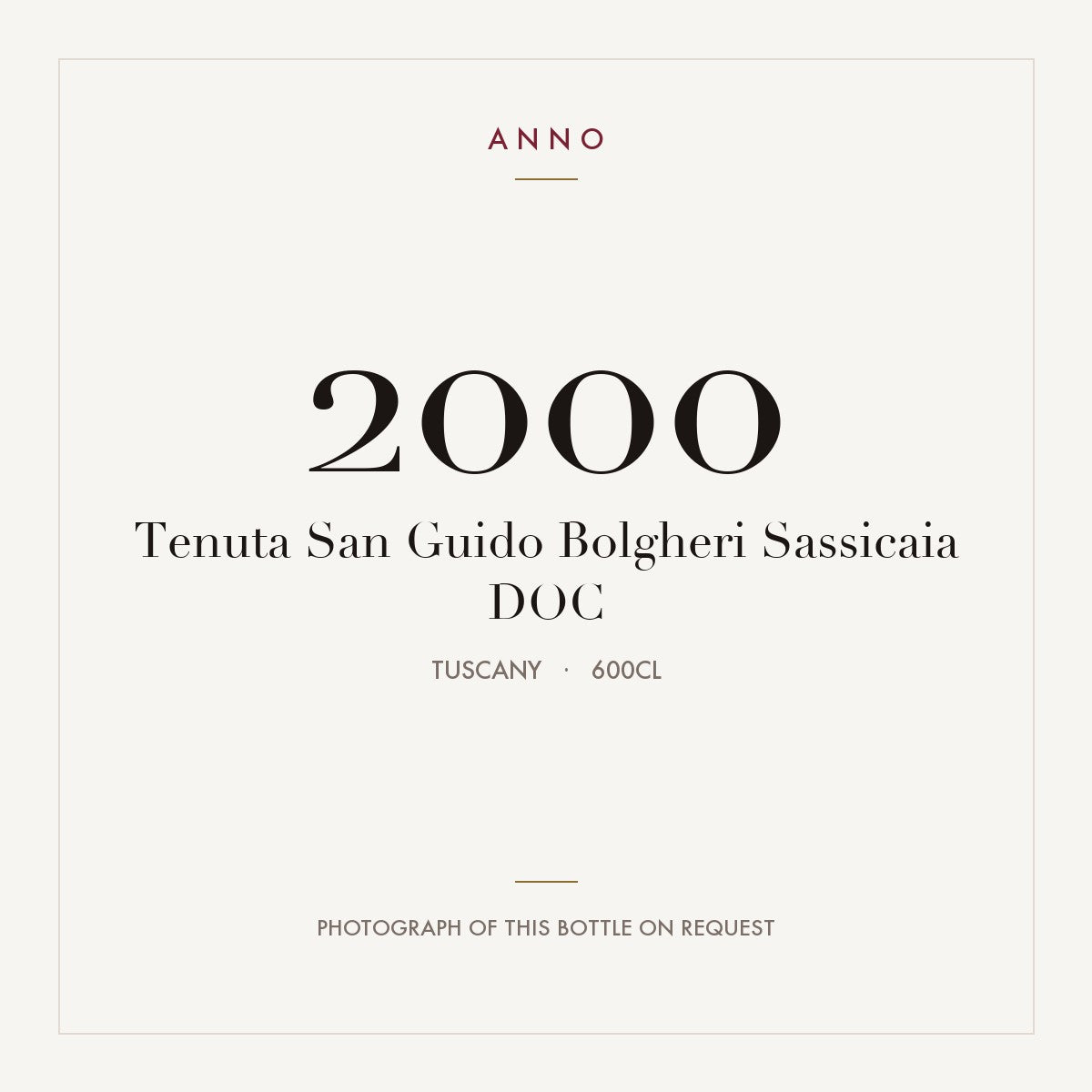 Tenuta San Guido Bolgheri Sassicaia 2000 DOC 6l, Toscane — ANNO-jaargangkaart; foto van de echte fles op aanvraag