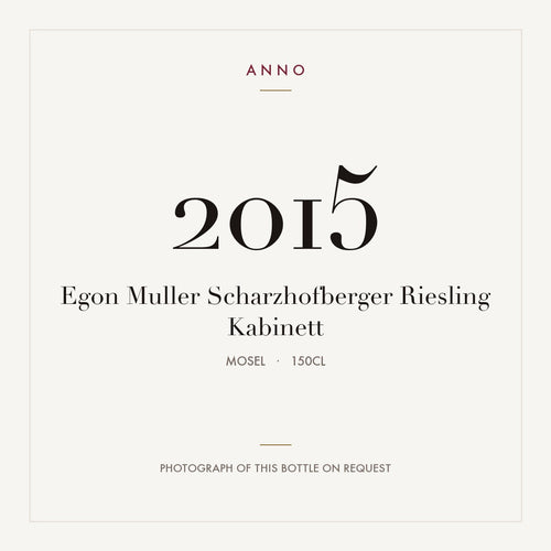 Egon Muller Scharzhofberger Riesling Kabinett 2015 1,5l from Mosel — ANNO vintage card; photograph of the actual bottle available on request
