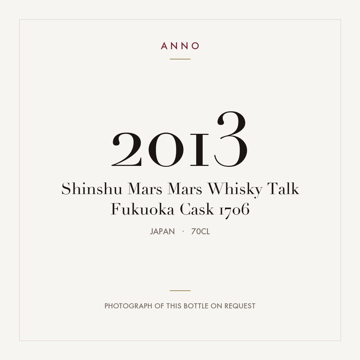 Shinshu Mars Mars Whisky Talk Fukuoka Cask 1706 2016 0,7l from Japan — ANNO vintage card; photograph of the actual bottle available on request