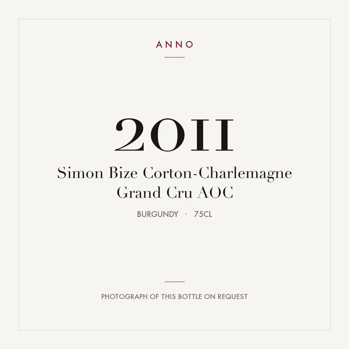 Simon Bize Corton-Charlemagne Grand Cru 2011 AOC 0,75l, Borgogna — card dell'annata ANNO; foto della bottiglia reale disponibile su richiesta