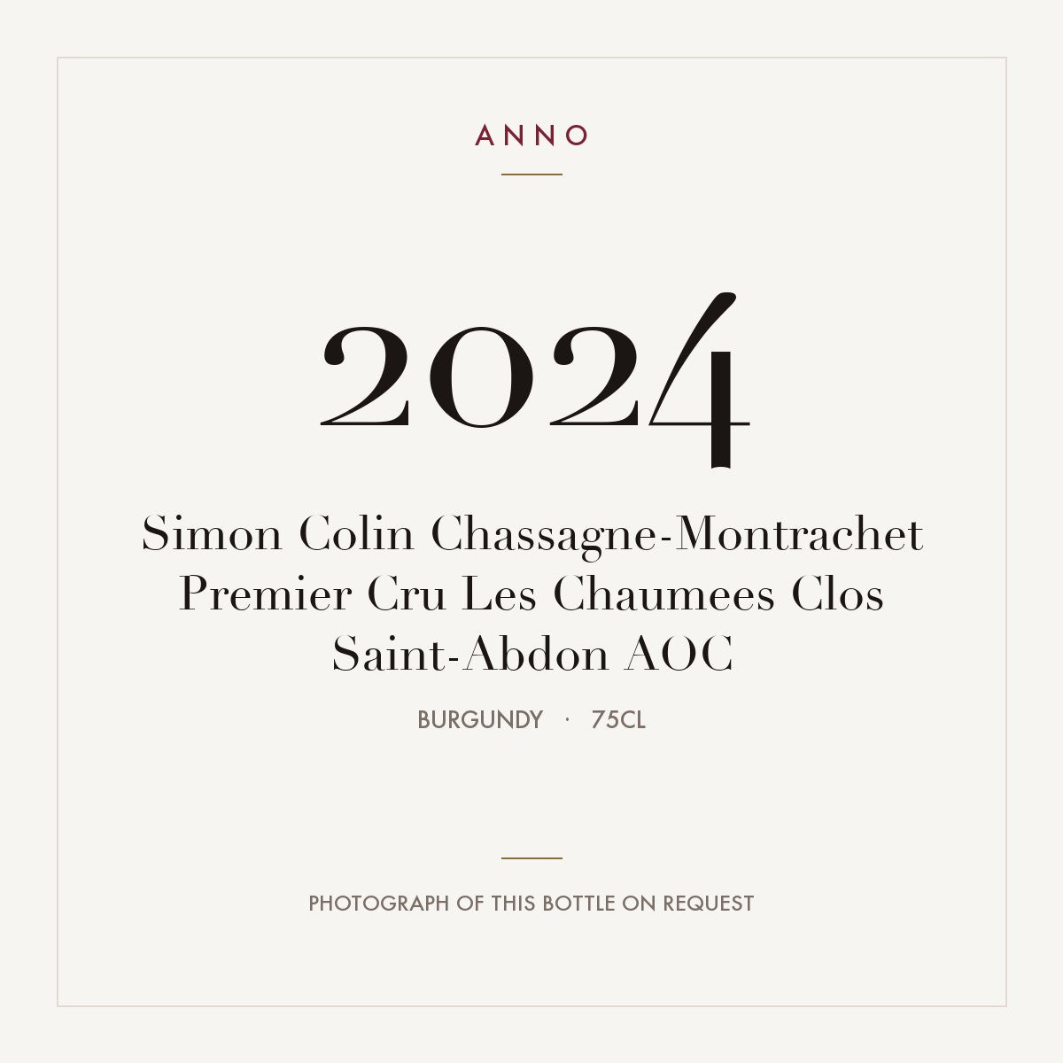 Simon Colin Chassagne-Montrachet Premier Cru Les Chaumees Clos Saint-Abdon 2024 AOC 0,75l, Bourgogne — ANNO-jaargangkaart; foto van de echte fles op aanvraag
