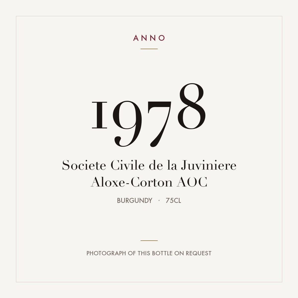 Societe Civile de la Juviniere Aloxe-Corton 1978 AOC 0,75l, Borgogna — card dell'annata ANNO; foto della bottiglia reale disponibile su richiesta