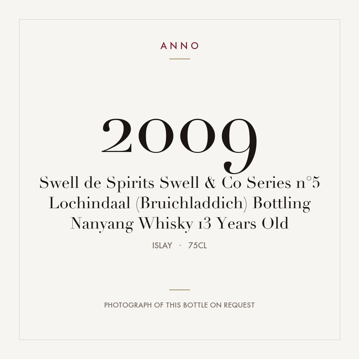 Swell de Spirits Swell & Co Series n°5 Lochindaal (Bruichladdich) Bottling Nanyang Whisky 13 Years Old 2009 0,75l — ANNO vintage card; photograph of the actual bottle available on request