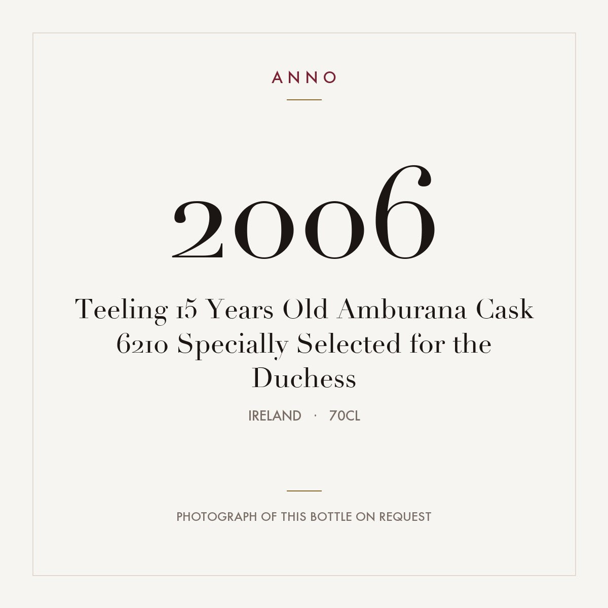 Teeling 15 Years Old Amburana Cask 6210 Specially Selected for the Duchess 2006 0,7l from Ireland — ANNO vintage card; photograph of the actual bottle available on request