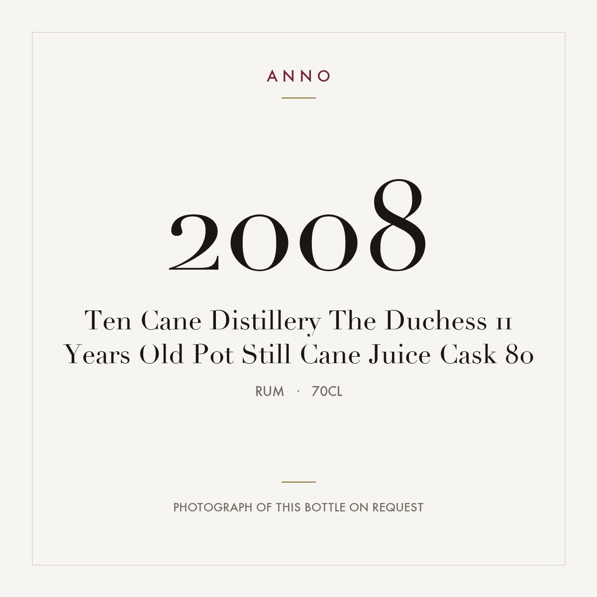 Ten Cane Distillery The Duchess 11 Years Old Pot Still Cane Juice Cask 80 2008 0,7l from Rum — ANNO vintage card; photograph of the actual bottle available on request