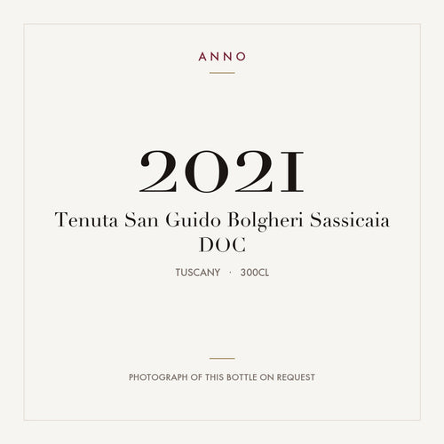 Tenuta San Guido Bolgheri Sassicaia 2021 DOC 3l, Toskana — ANNO-Jahrgangskarte; Foto der tatsächlichen Flasche auf Anfrage