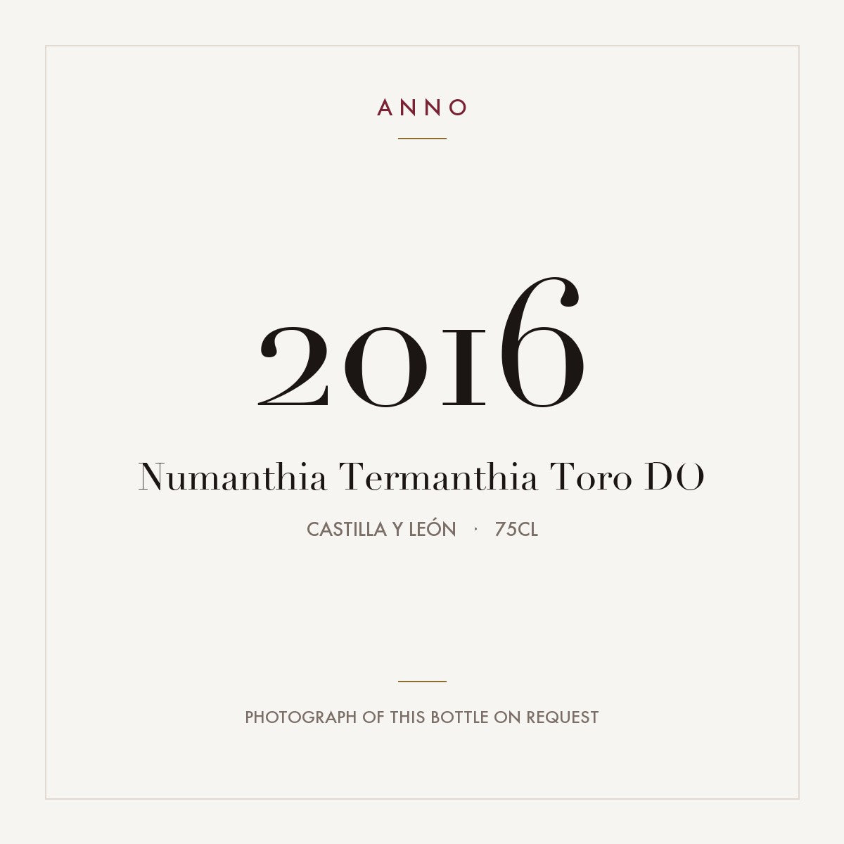 Numanthia Termanthia Toro 2016 DO 0,75l from Castilla y León — ANNO vintage card; photograph of the actual bottle available on request