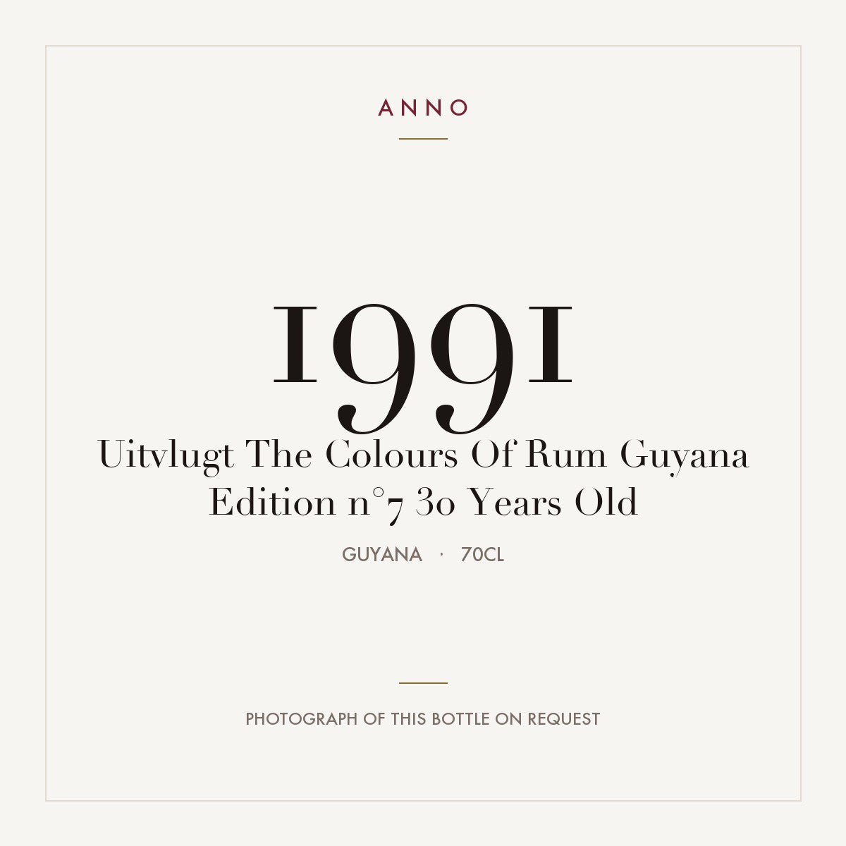 Uitvlugt The Colours Of Rum Guyana Edition n°7 30 Years Old 1991 0,7l from Guyana — ANNO vintage card; photograph of the actual bottle available on request