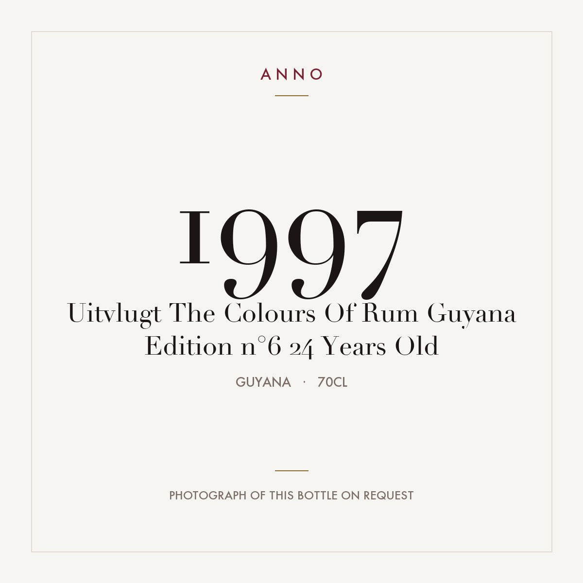 Uitvlugt The Colours Of Rum Guyana Edition n°6 24 Years Old 1997 0,7l from Guyana — ANNO vintage card; photograph of the actual bottle available on request
