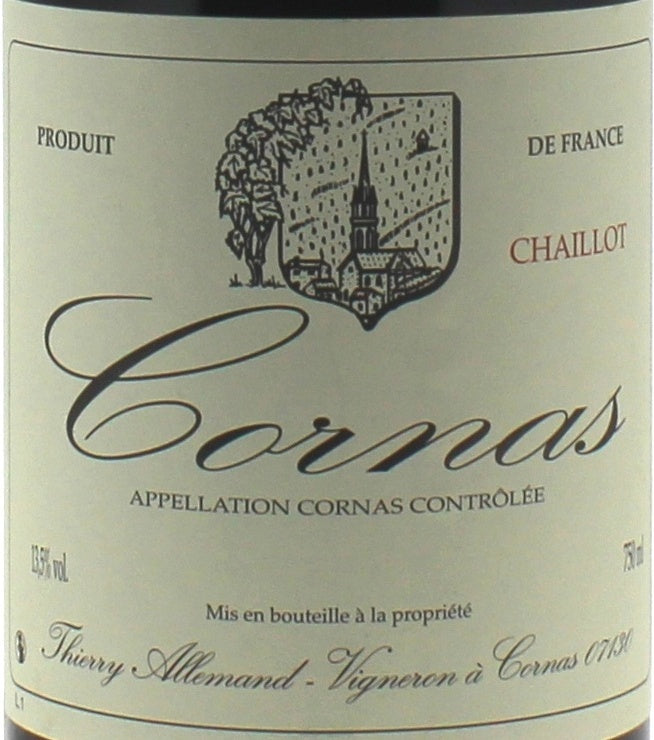 Thierry Allemand Cornas Chaillot 2018 AOC 0,75l — vinetiket, illustrativt billede