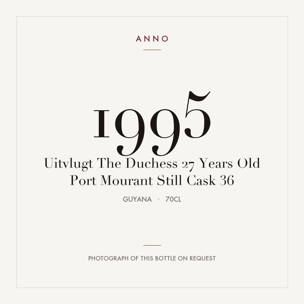 Uitvlugt The Duchess 27 Years Old Port Mourant Still Cask 36 1995 0,7l from Guyana — ANNO vintage card; photograph of the actual bottle available on request