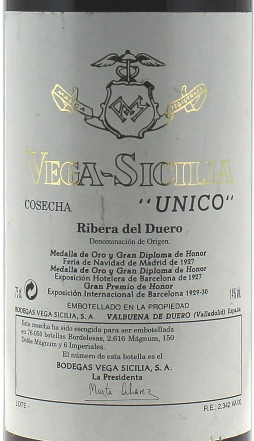 Vega Sicilia Unico Ribera del Duero DO — wine label, illustrative image