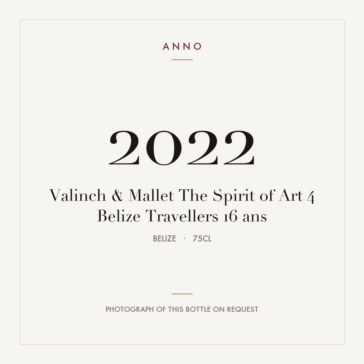 Valinch & Mallet The Spirit of Art 4 Belize Travellers 16 ans 2022 0,75l from Belize — ANNO vintage card; photograph of the actual bottle available on request