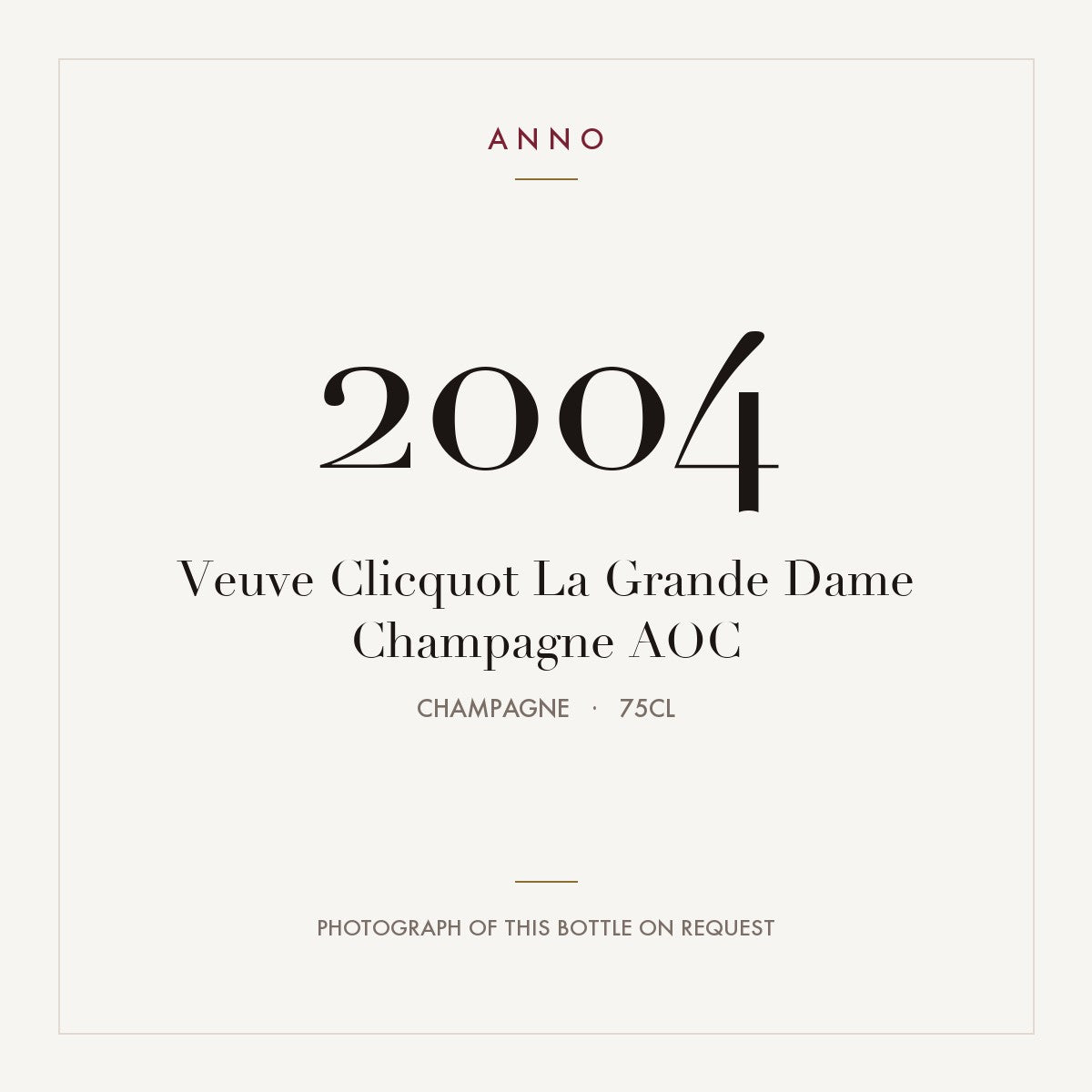 Veuve Clicquot La Grande Dame Champagne 2004 AOC 0,75l, Champagne — ANNO-årgangskort; foto af den faktiske flaske på forespørgsel