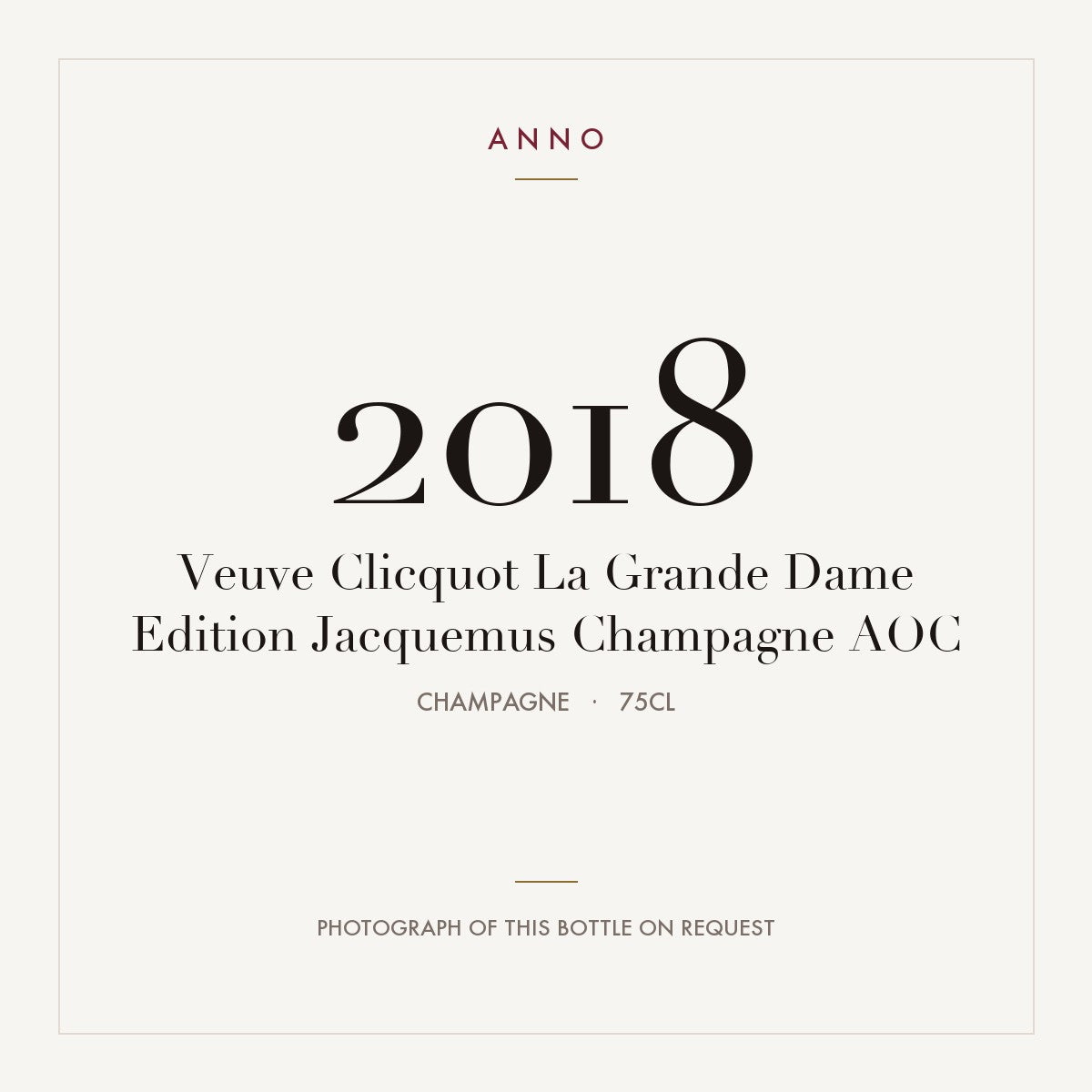 Veuve Clicquot La Grande Dame Edition Jacquemus Champagne 2018 AOC 0,75l, Champagne — ANNO-årgangskort; foto af den faktiske flaske på forespørgsel