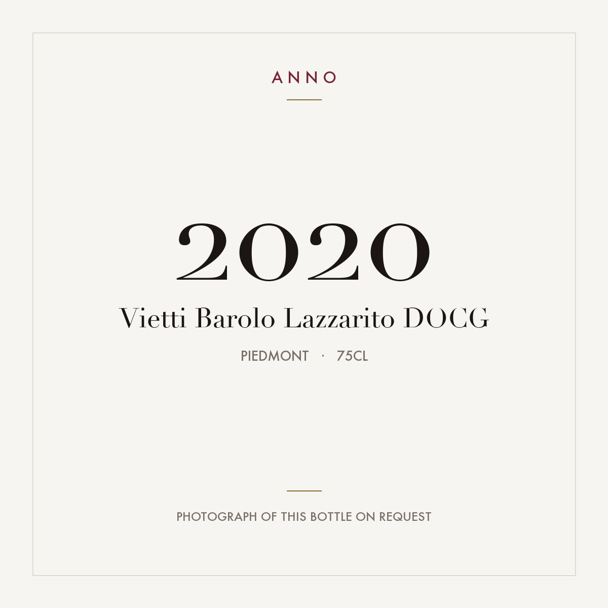 Vietti Barolo Lazzarito 2020 DOCG 0,75l, Piamonte — tarjeta de añada ANNO; foto de la botella real disponible bajo petición