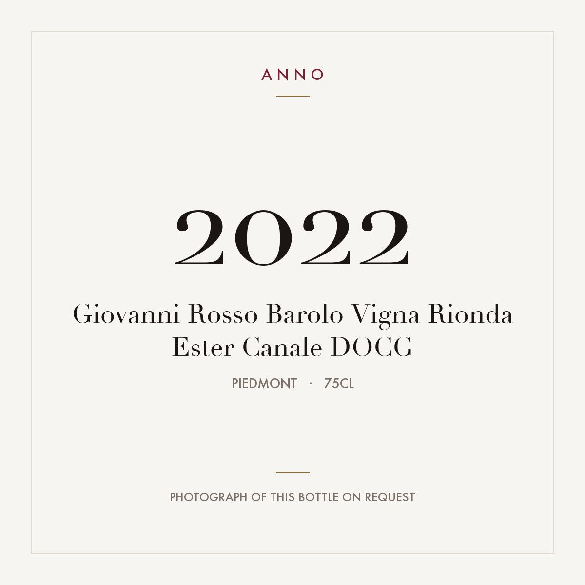Giovanni Rosso Barolo Vigna Rionda Ester Canale 2022 DOCG 0,75l from Piedmont — ANNO vintage card; photograph of the actual bottle available on request