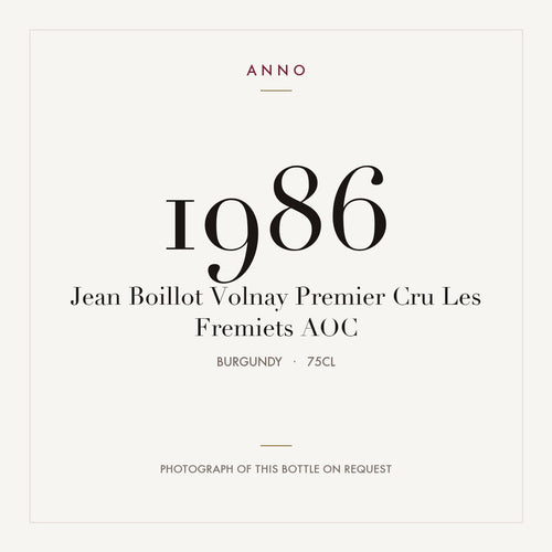 Jean Boillot Volnay Premier Cru Les Fremiets 1986 AOC 0,75l from Burgundy — ANNO vintage card; photograph of the actual bottle available on request