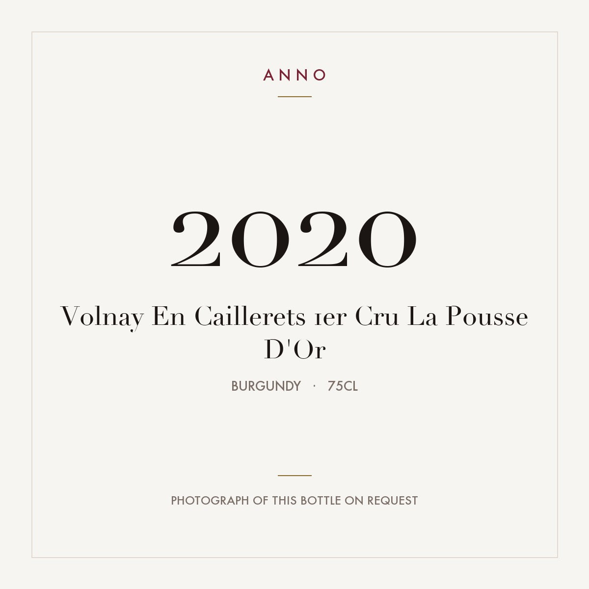 Domaine de la Pousse d'Or Volnay Premier Cru En Caillerets 2020 AOC 0,75l — ANNOヴィンテージカード。実際のボトルの写真はご要望に応じてご用意します