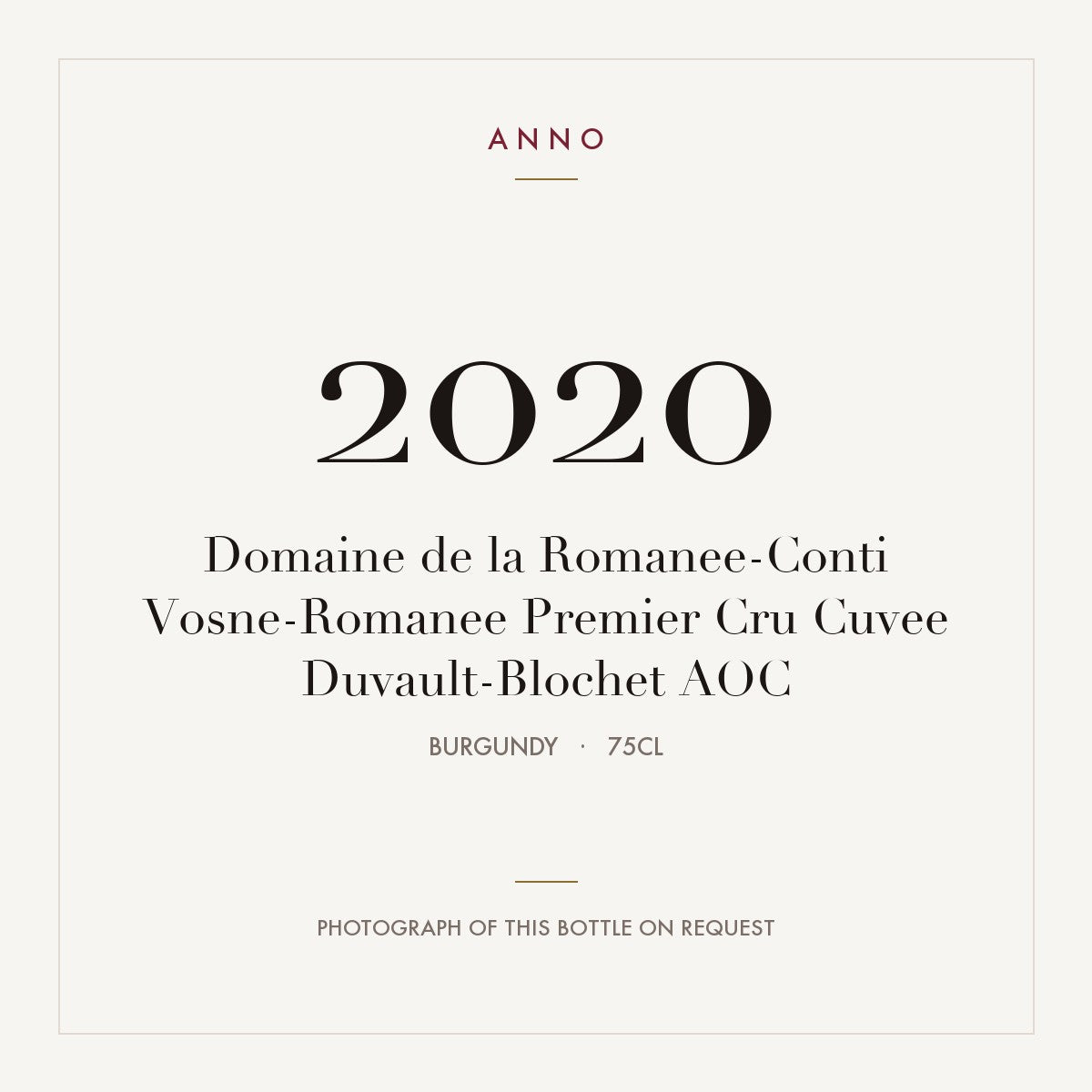 Domaine de la Romanee-Conti Vosne-Romanee Premier Cru Cuvee Duvault-Blochet 2020 AOC 0,75l from Burgundy — ANNO vintage card; photograph of the actual bottle available on request