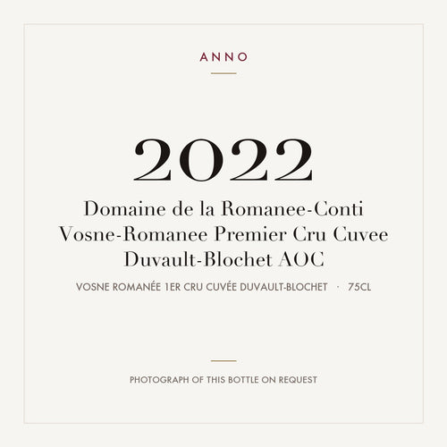 Domaine de la Romanee-Conti Vosne-Romanee Premier Cru Cuvee Duvault-Blochet 2022 AOC 0,75l — ANNO-Jahrgangskarte; Foto der tatsächlichen Flasche auf Anfrage