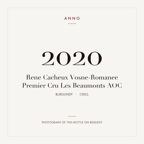 Rene Cacheux Vosne-Romanee Premier Cru Les Beaumonts 2020 AOC 1,5l from Burgundy — ANNO vintage card; photograph of the actual bottle available on request