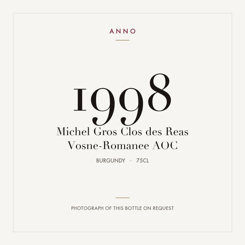 Michel Gros Clos des Reas Vosne-Romanee 1998 AOC 0,75l from Burgundy — ANNO vintage card; photograph of the actual bottle available on request