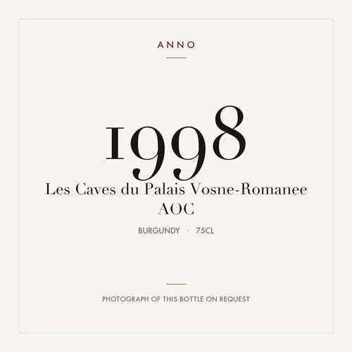 Les Caves du Palais Vosne-Romanee 1998 AOC 0,75l from Burgundy — ANNO vintage card; photograph of the actual bottle available on request