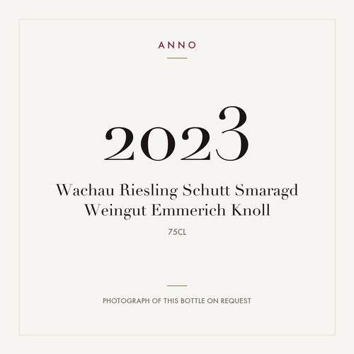 Weingut Emmerich Knoll Wachau Riesling Schutt Smaragd 2023 0,75l — carte millésime ANNO ; photo de la bouteille réelle disponible sur demande