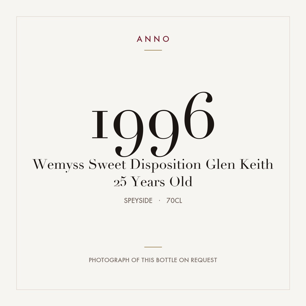 Wemyss Sweet Disposition Glen Keith 25 Years Old 1996 0,7l from Speyside — ANNO vintage card; photograph of the actual bottle available on request