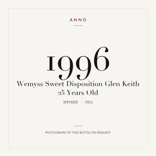 Wemyss Sweet Disposition Glen Keith 25 Years Old 1996 0,7l from Speyside — ANNO vintage card; photograph of the actual bottle available on request