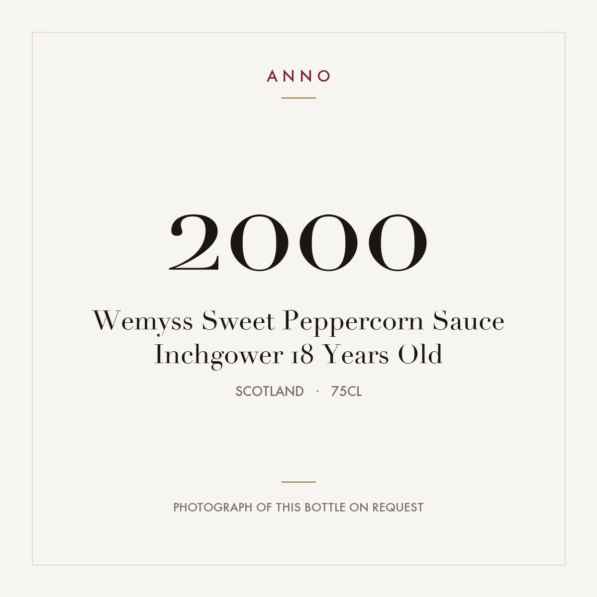 Wemyss Sweet Peppercorn Sauce Inchgower 18 Years Old 2000 0,75l from Scotland — ANNO vintage card; photograph of the actual bottle available on request