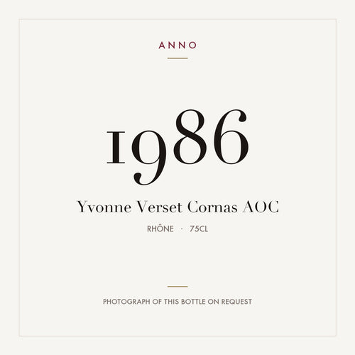 Yvonne Verset Cornas 1986 AOC 0,75l, Rhône — ANNO-Jahrgangskarte; Foto der tatsächlichen Flasche auf Anfrage