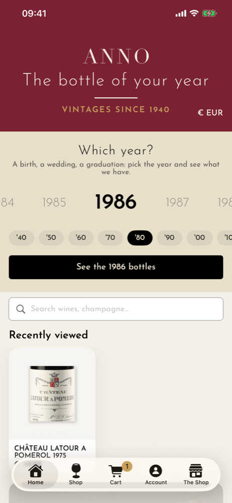 iPhone 上的 ANNO App：選擇年份，查看該年份的酒款